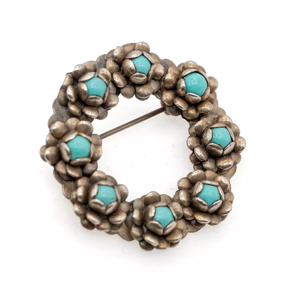 Vintage Sterling Turquoise Round Floral Pin