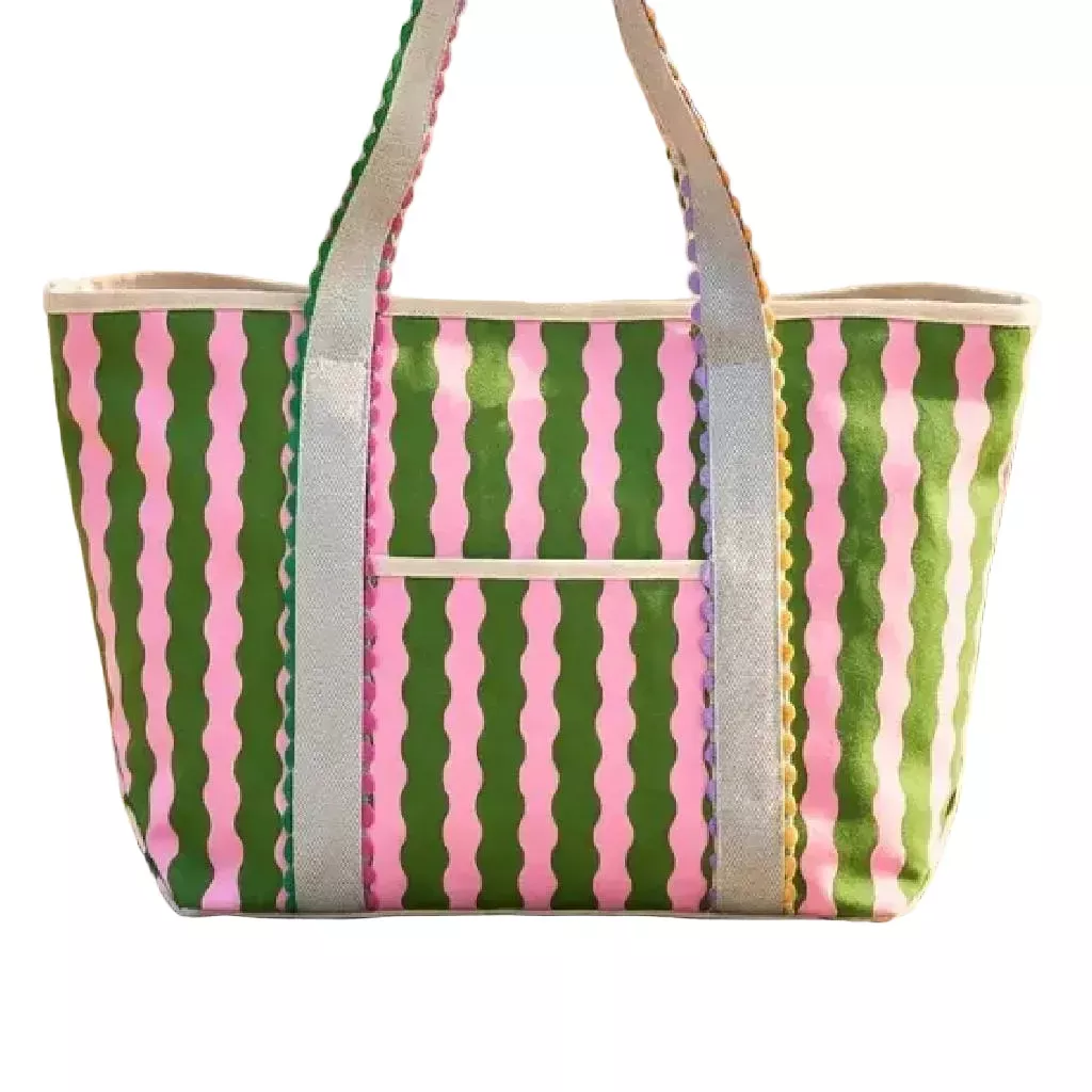 Vivian Green and Pink Striped Canvas Tote Bag
