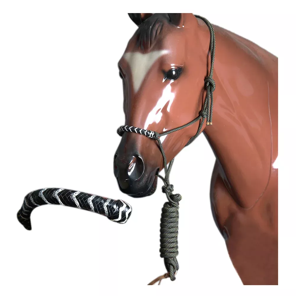 Western Horse Halter Poly Rope Tied Adjustable 8Ft Black White Hilason