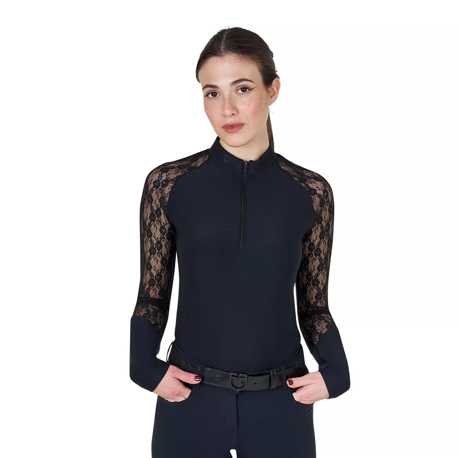 Womens Lace Long Sleeved Training Polo Shirt - Black