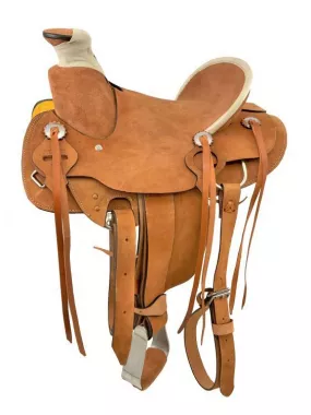 Youth Wade Style Roughout Hardseat Saddle With Rawhide Accents - 13 Inch