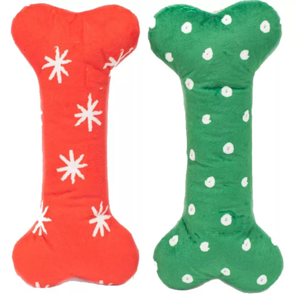 ZippyPaws Holiday Patterned Bones Dog Toy Large 2 Pack Red/Green/White
